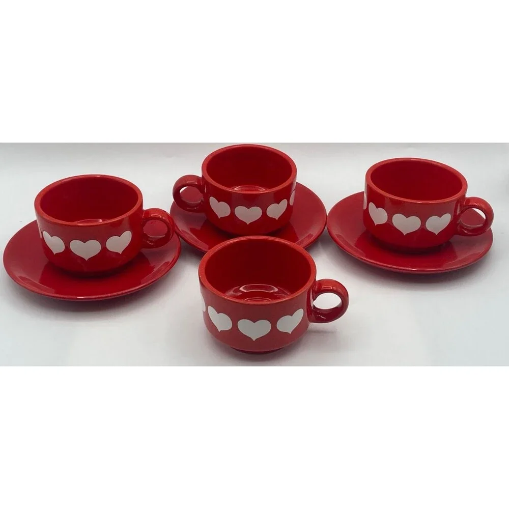 Vintage Red Heart Waechtersbach 4 Tea Cups & 3 Saucers Stackable Retired MINT